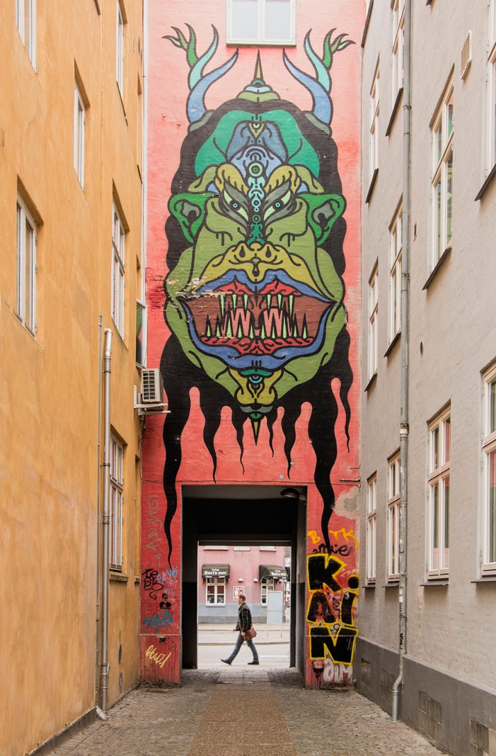 Gavlmalerier i Aarhus</br>Gavlmaleriet i Posthussmøgen lavet af kunstneren ved navn Faust i forbindelse med udstillingen Icons for Now i 2008. </br>Foto: Mariana Gil